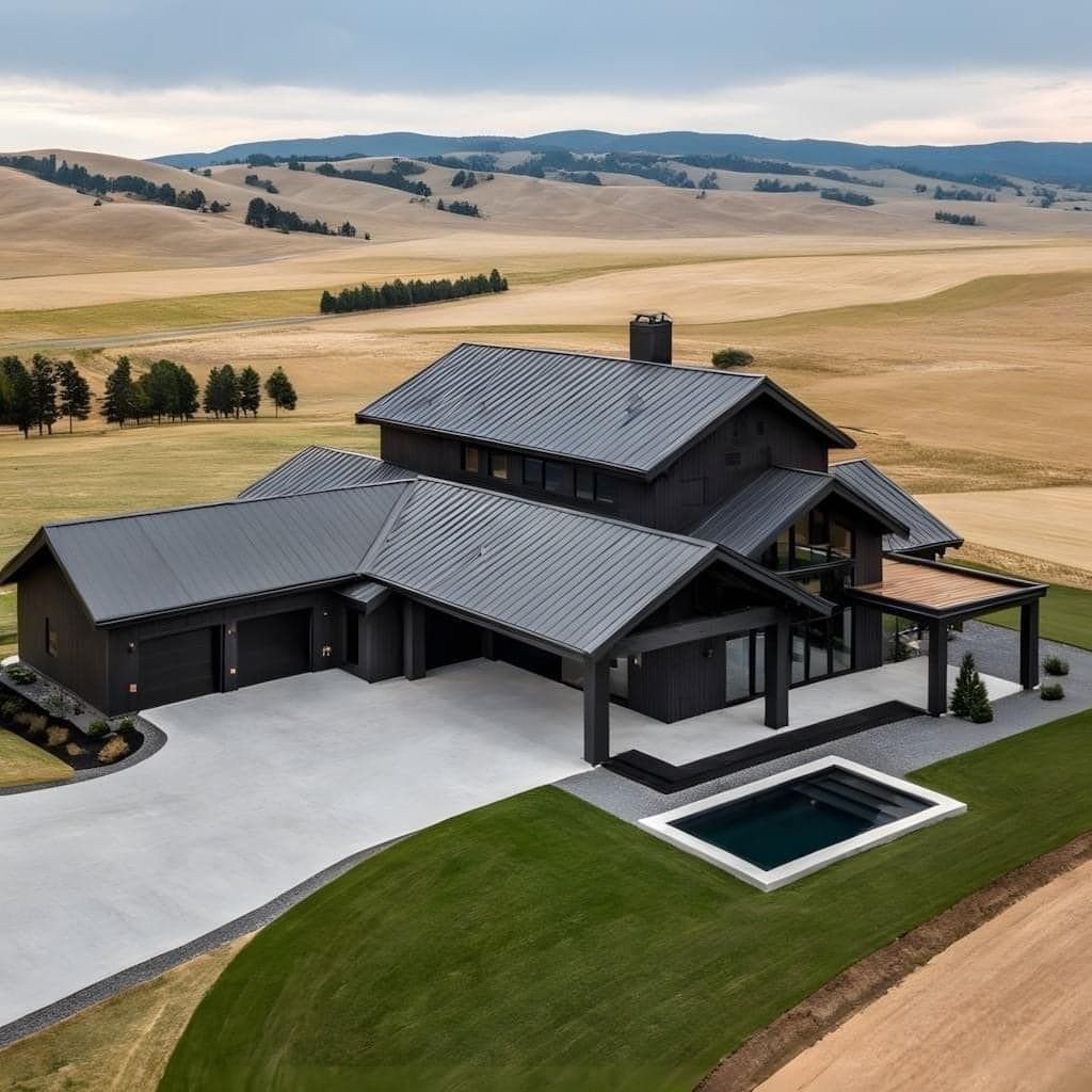 16 Black Modern Farmhouse Exterior Ideas With Photos 2 A large black modern farmhouse with a dark metal roof in a vast field.