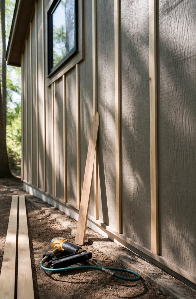 Narrow battens being attached over wide boards in board and batten siding.