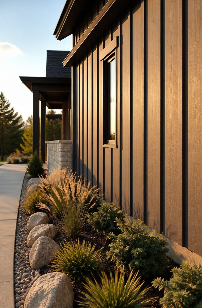 Engineered wood board and batten siding with consistent grain pattern.