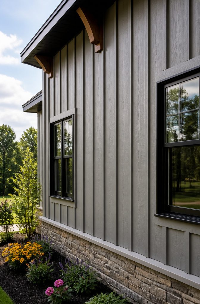 Fiber cement board and batten siding with wood-like appearance.