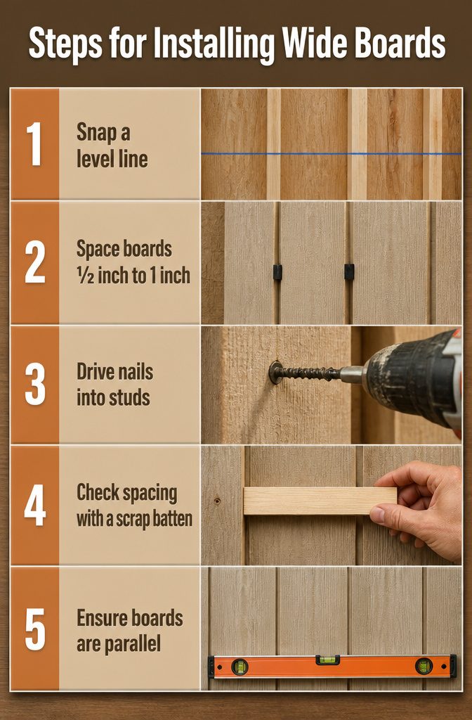 Installation steps showing wide boards spaced for board and batten siding.