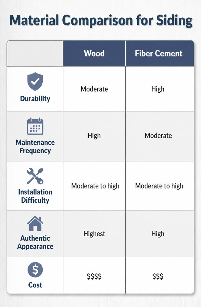 Comparison table of different materials for board and batten siding.