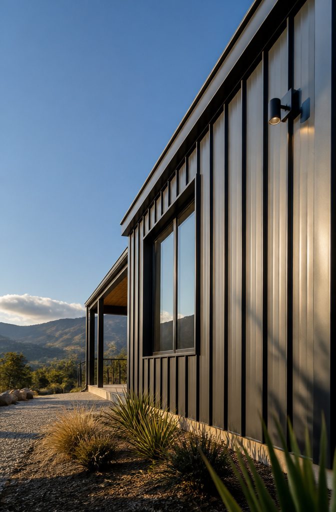 Metal board and batten siding with a clean, modern look.