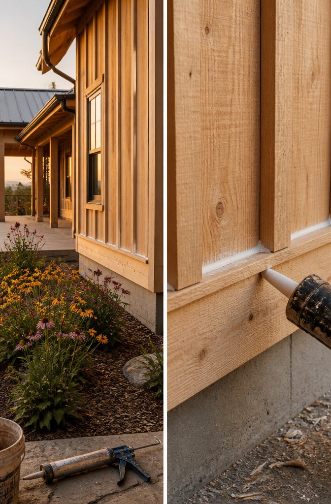 Caulk applied to seams in board and batten siding.