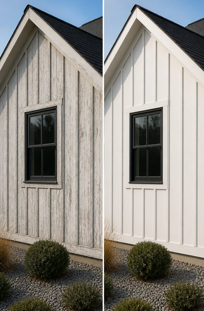 Vinyl board and batten siding on a residential building.