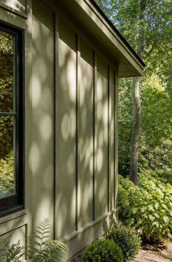 Close-up of board and batten siding with wide vertical planks and battens.