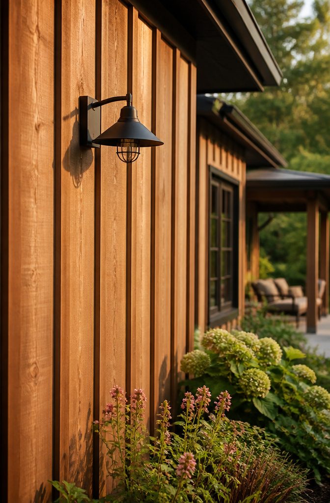 Wood board and batten siding with textured cedar boards.