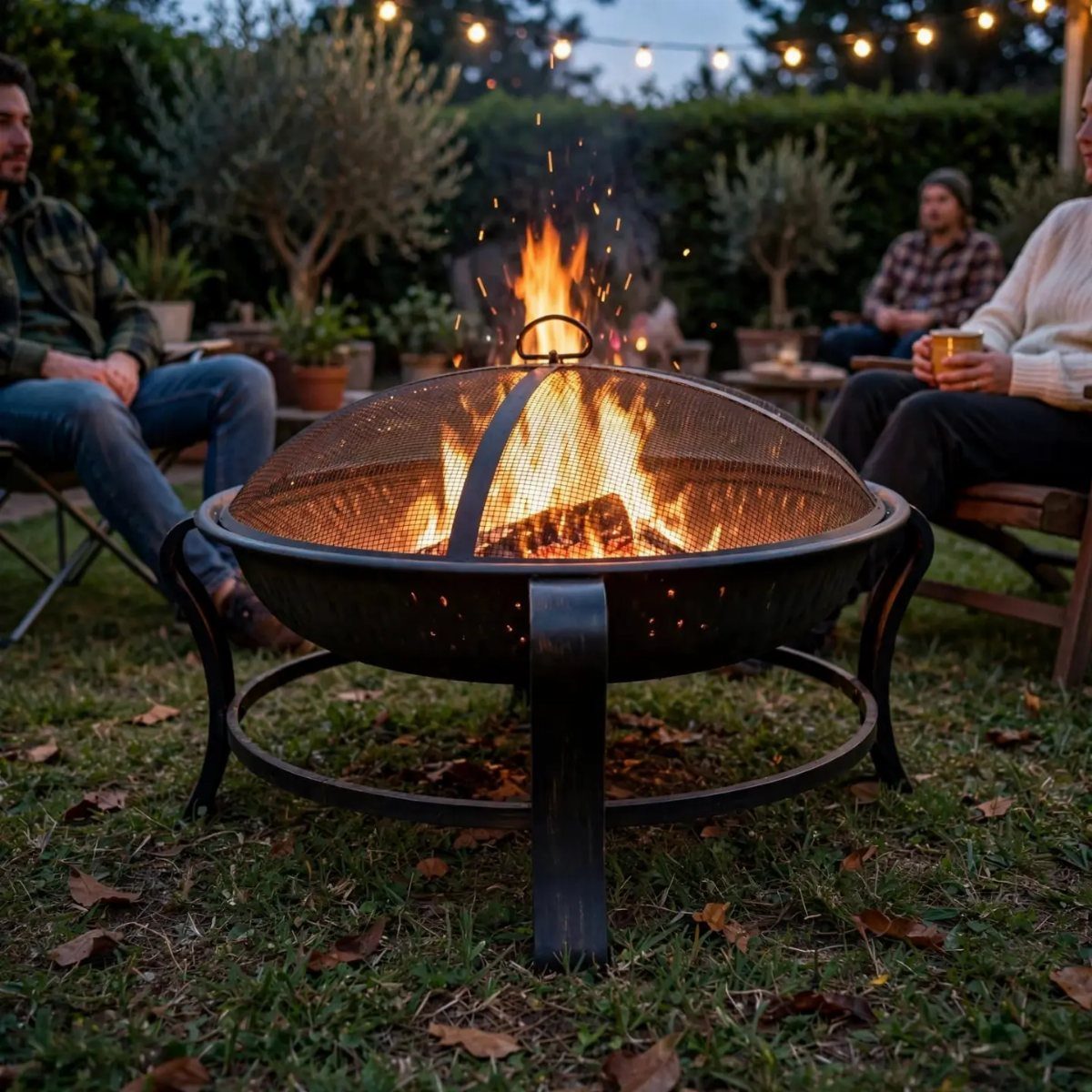A black metal fire bowl with a mesh screen burning brightly on a grassy lawn.