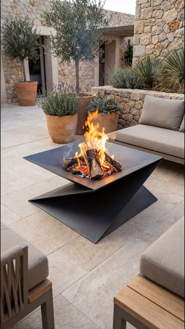 Geometric dark metal fire pit with burning logs and flames on a stone patio.