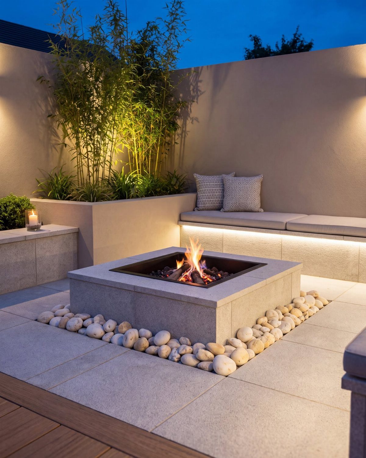 A square concrete fire pit with a burning fire surrounded by white stones on a patio.