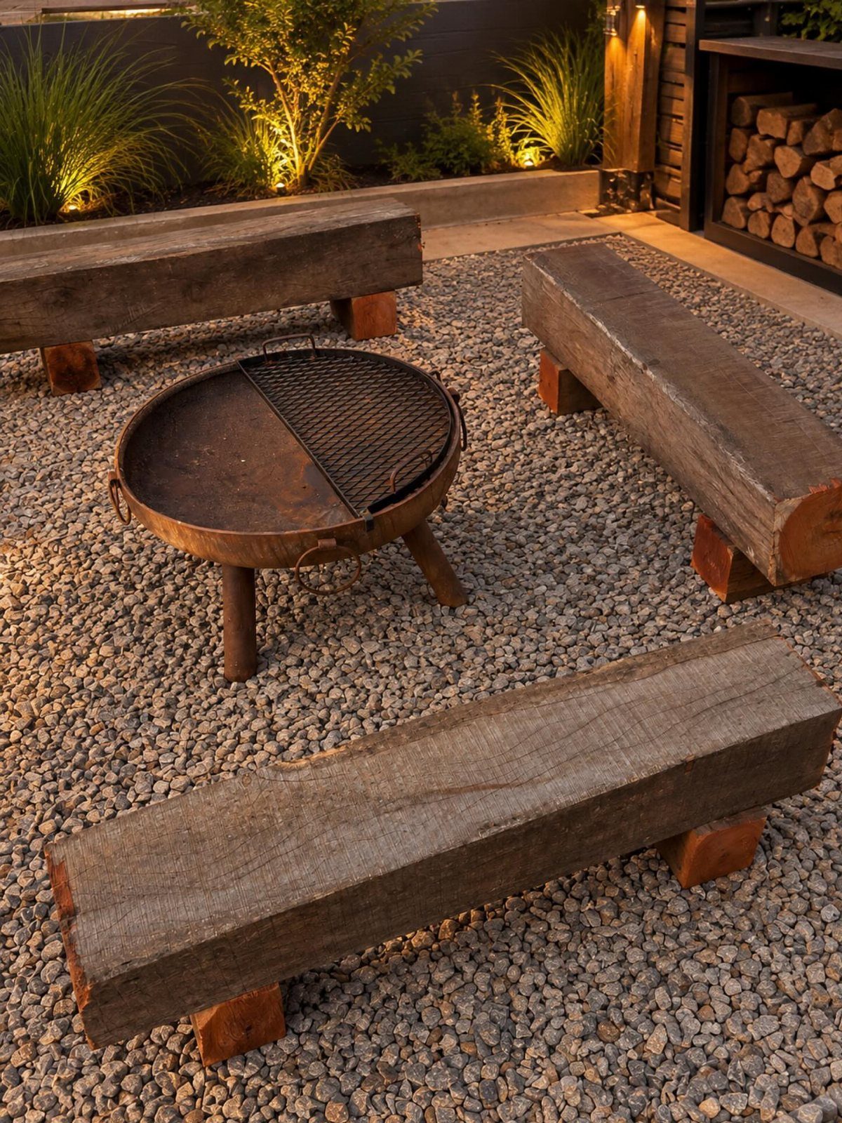 A rustic metal fire pit surrounded by three long wooden beam benches on gravel.