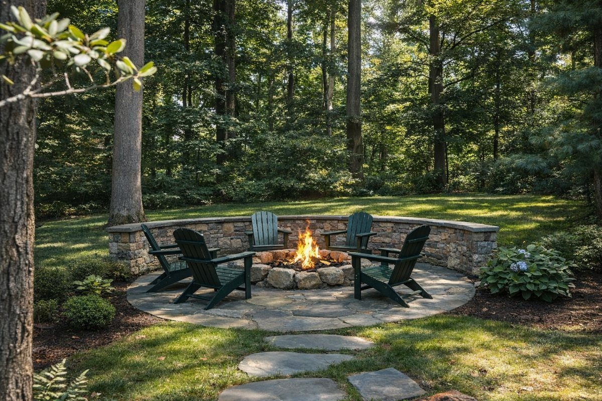 A stone fire pit with a bright flame sits on a flagstone patio surrounded by green chairs.