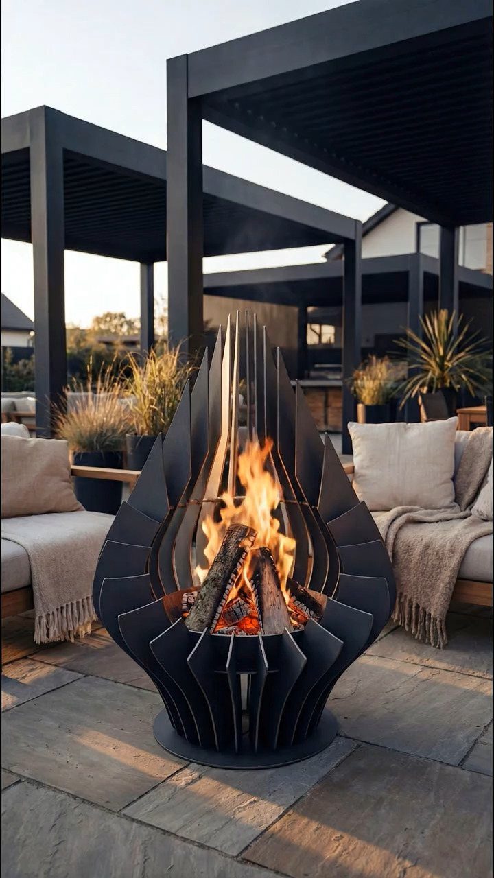 Black metal teardrop fire pit with burning wood logs on a stone patio.