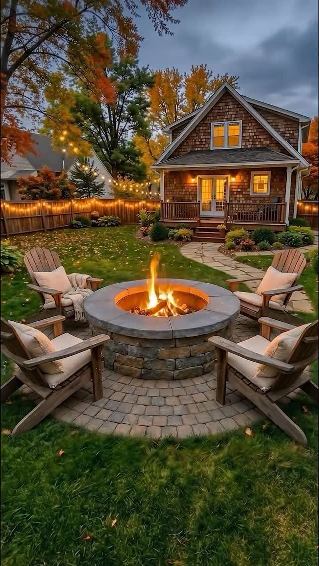 Stone fire pit with a bright flame surrounded by four wooden Adirondack chairs on a lawn.
