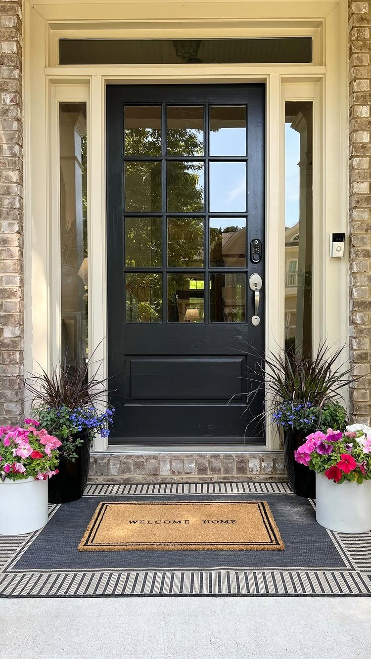 A dark front door with a striped outdoor rug and a welcome mat on the porch.