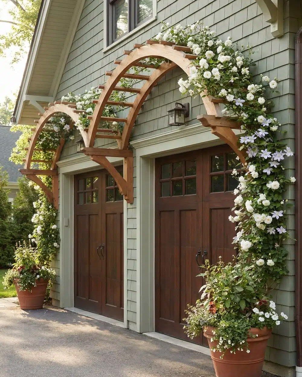 Wooden arched trellises covered in white climbing roses mounted above garage doors on a grey house.