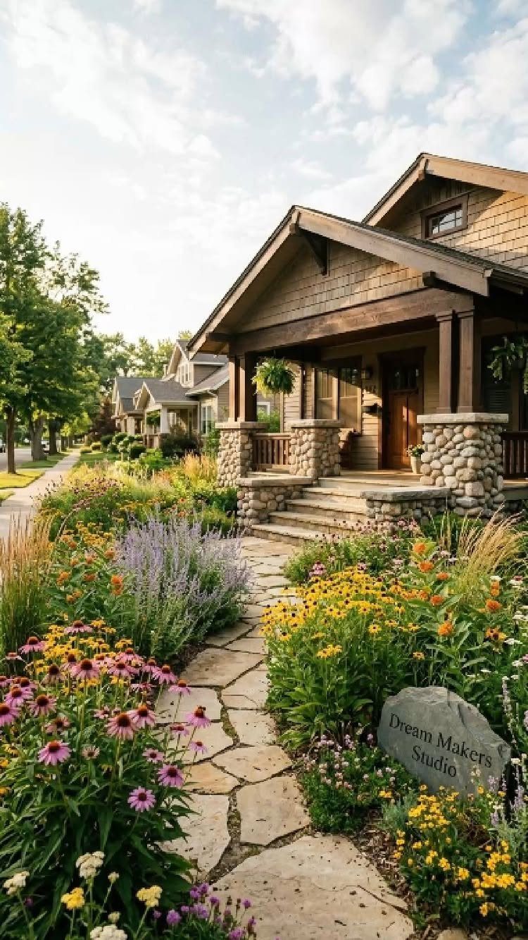 Colorful perennial flowers blooming along a stone path leading to a craftsman-style home.