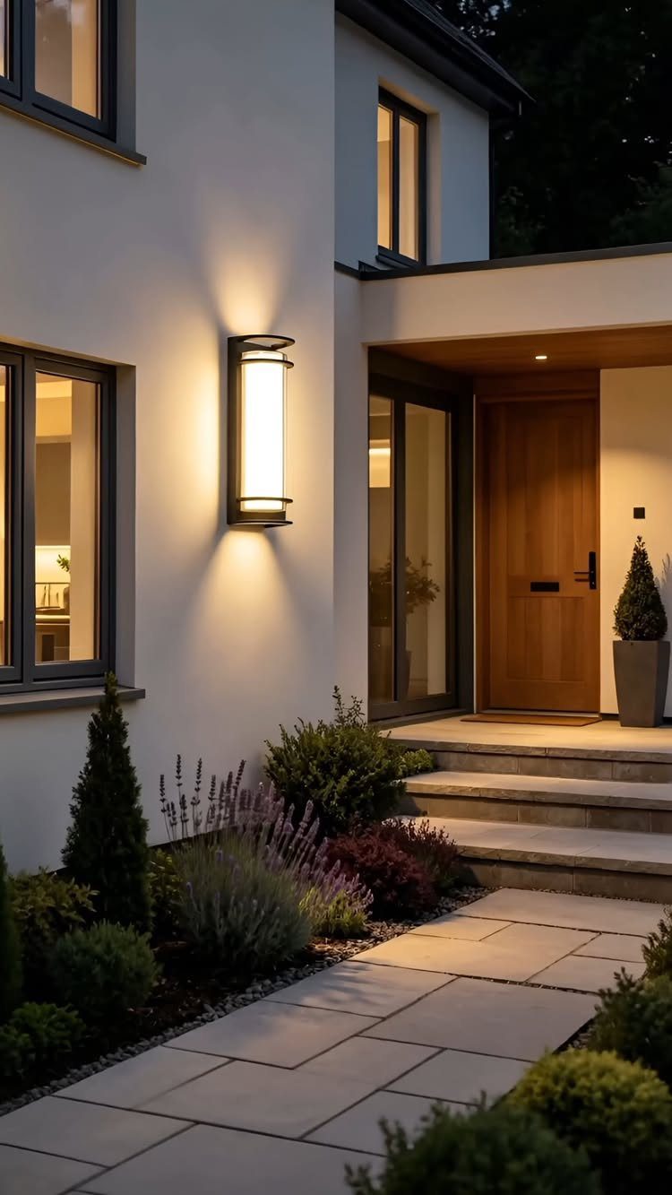 Modern cylindrical wall light glowing on a white house exterior next to a stone walkway.