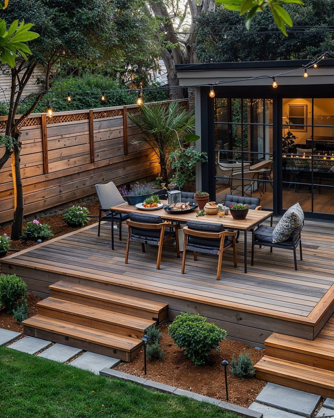 12 Deck Furniture Ideas: Layouts for Seating, Dining & Entertaining 10 Wooden deck with a dining table, chairs, string lights, and surrounding greenery and fencing.