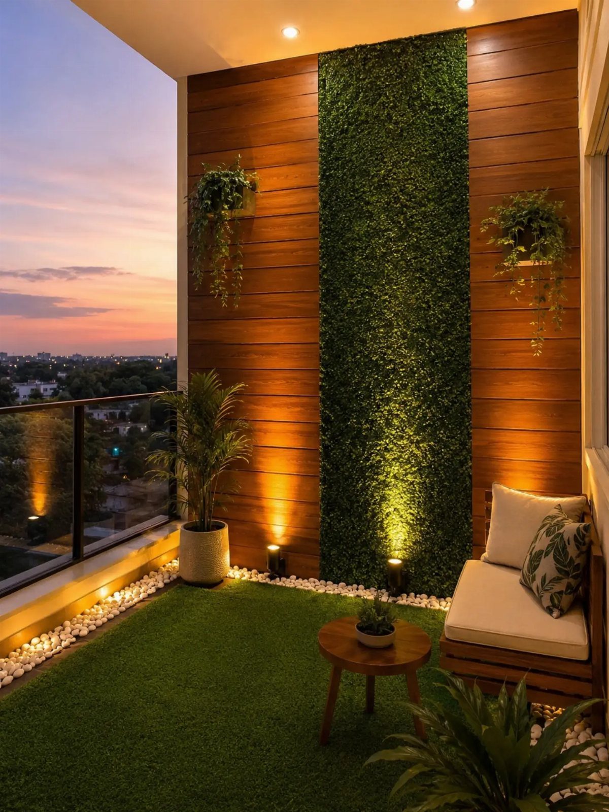 12 Deck Furniture Ideas: Layouts for Seating, Dining & Entertaining 7 A wooden balcony wall featuring a tall vertical green plant strip and hanging greenery plants.