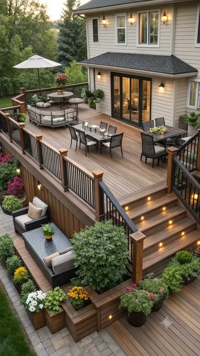 12 Deck Furniture Ideas: Layouts for Seating, Dining & Entertaining 12 A multi-level wooden deck with various dining and lounge furniture sets and integrated lighting.