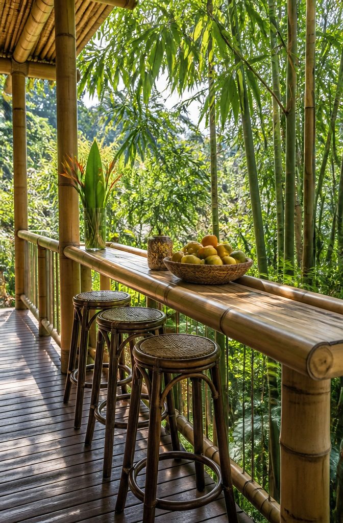 Bamboo railing with a polished bar top.