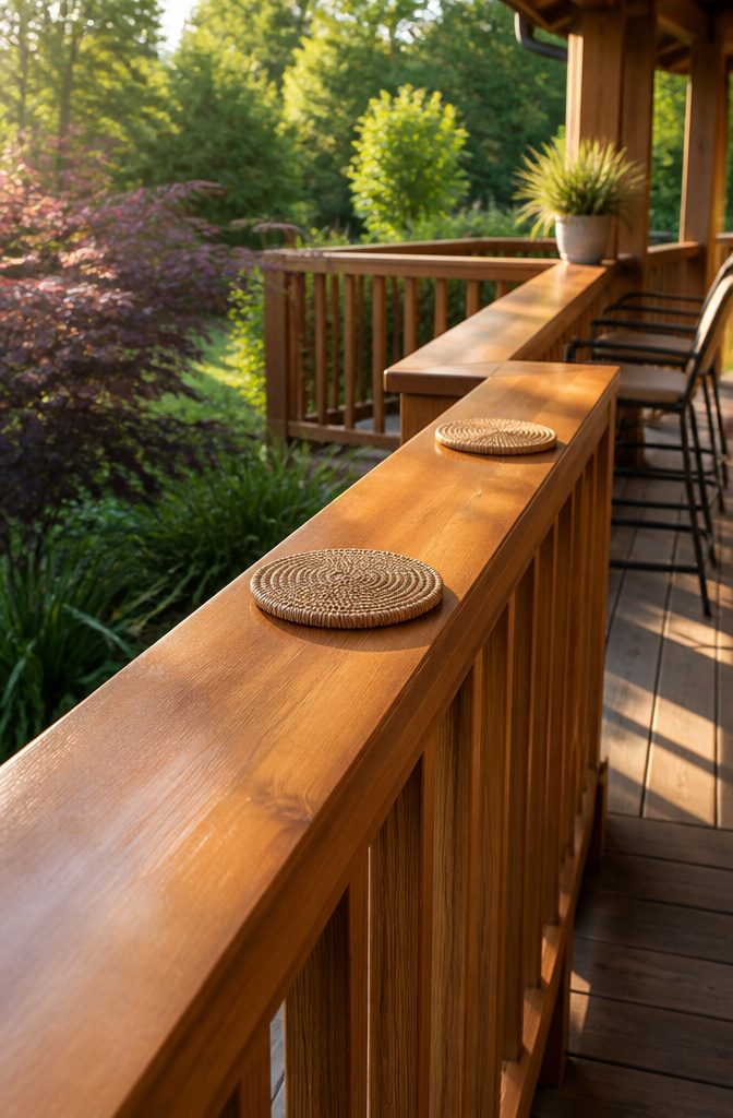 Close-up of a cedar cap rail with coasters on it.