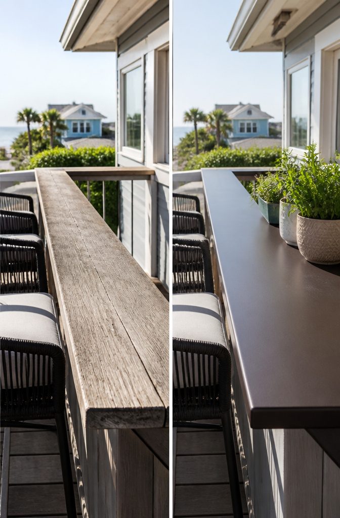 Composite material bar top on a deck railing.