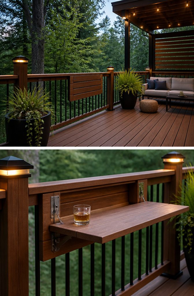 Hinged fold-down bar top on a railing.