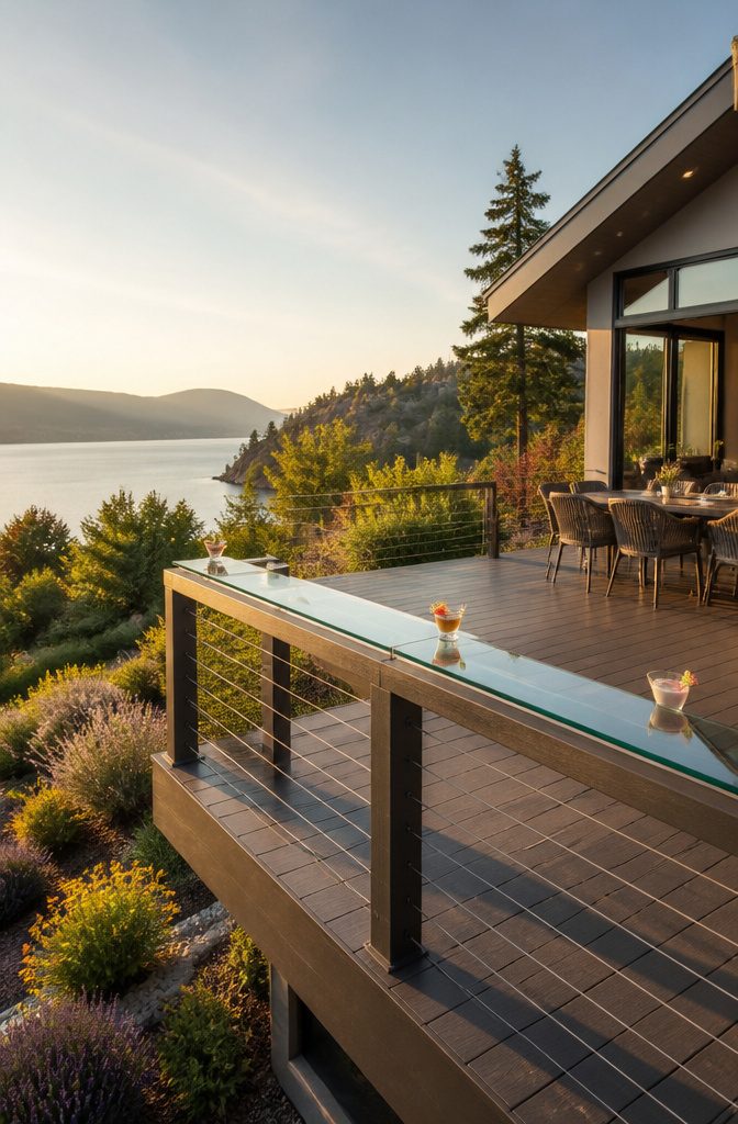 Tempered glass set into a deck railing.