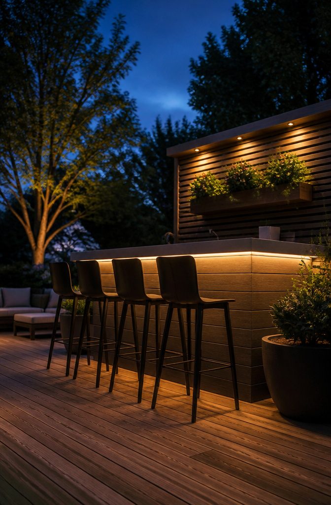 LED strip lighting under a deck railing cap.