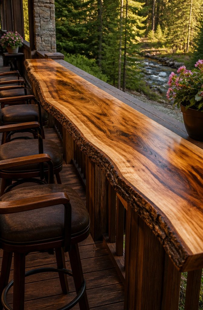 Live edge wood slab as a deck railing cap.