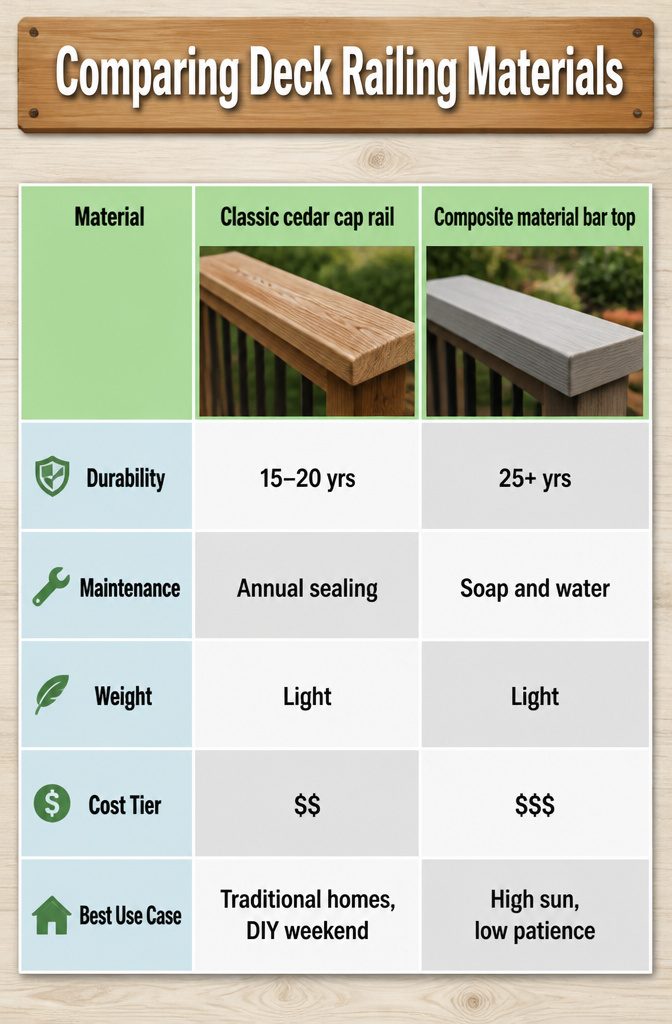 Chart comparing different deck railing materials.