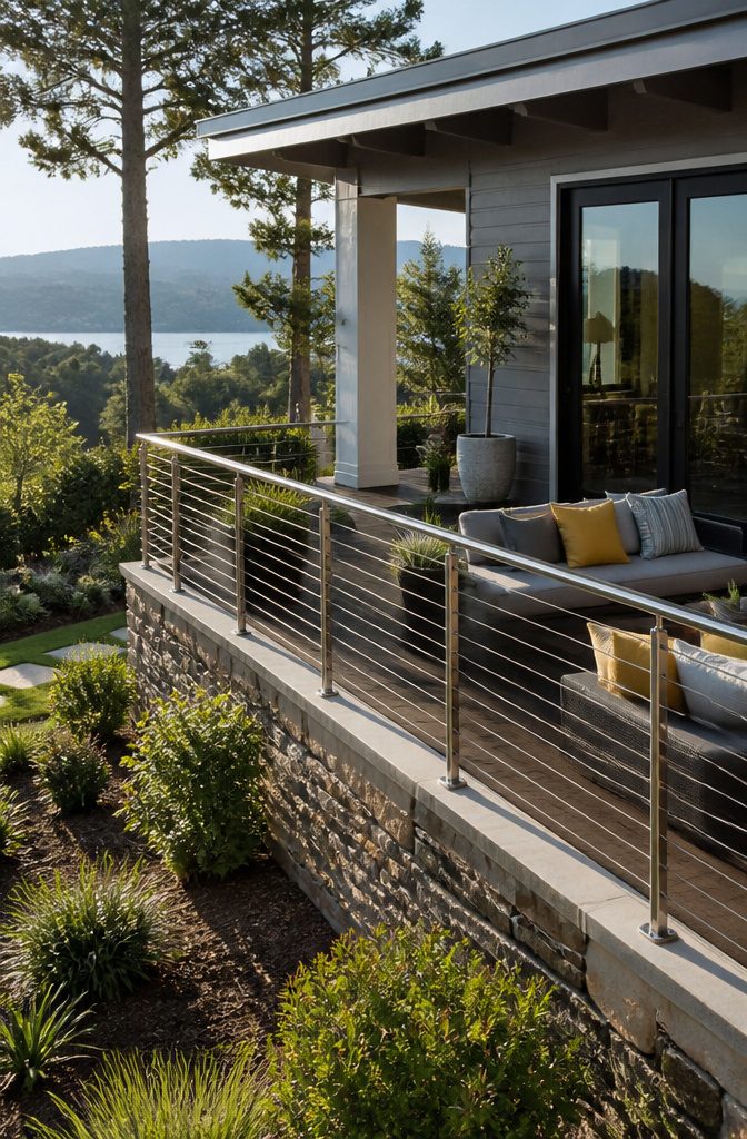 Stainless steel railing cap on a deck.