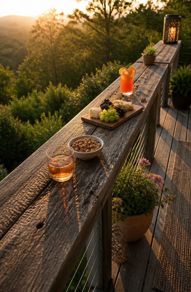 Textured reclaimed wood cap rail with drinks and snacks.