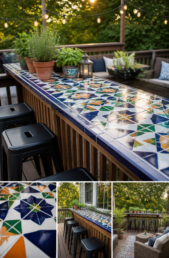 Ceramic tile on a deck railing bar top.