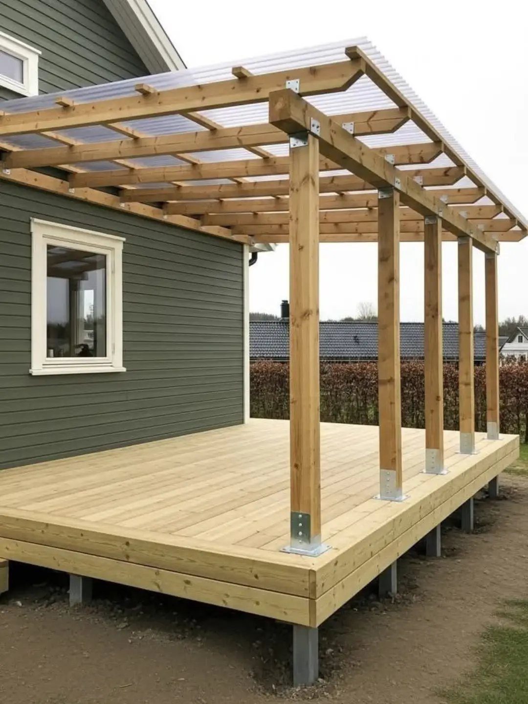 A wooden deck with a translucent roof attached to a green house exterior.