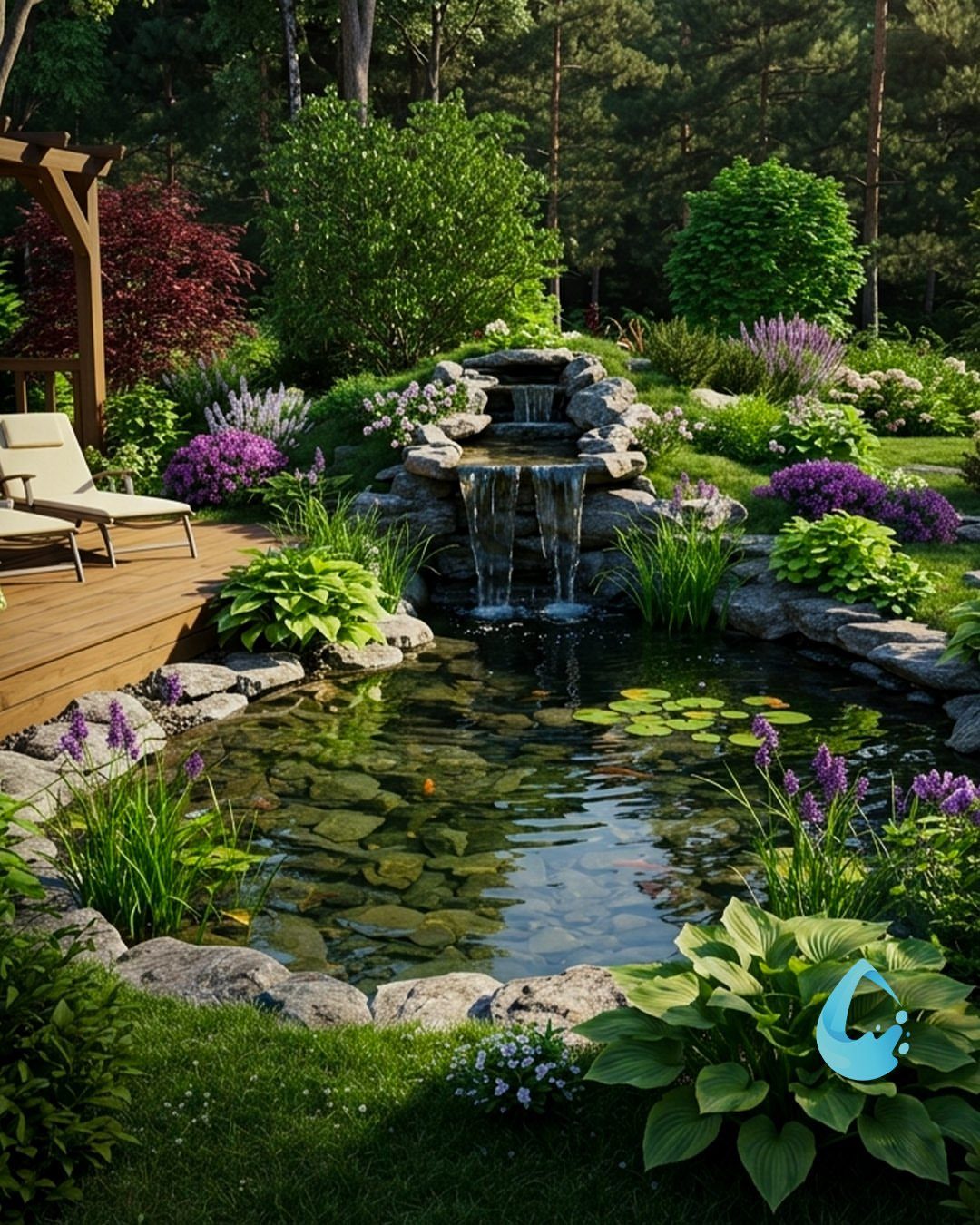 15 Decks and Porches Back Patio Ideas for Outdoor Living 1 A backyard pond with a rock waterfall, surrounded by green plants and purple flowers.
