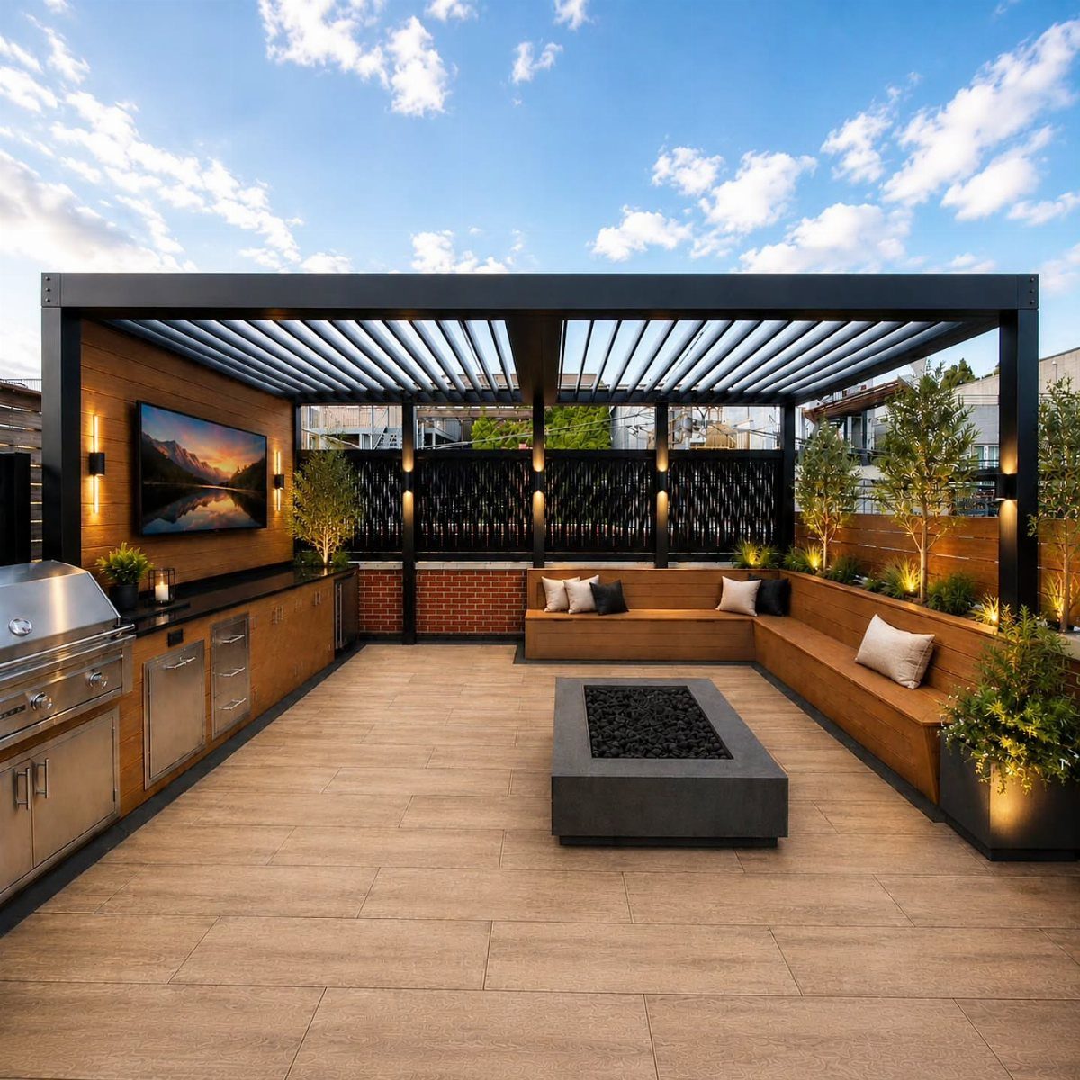 15 Decks and Porches Back Patio Ideas for Outdoor Living 15 Modern outdoor patio with a black pergola, built-in wooden benches, fire pit, and outdoor kitchen.