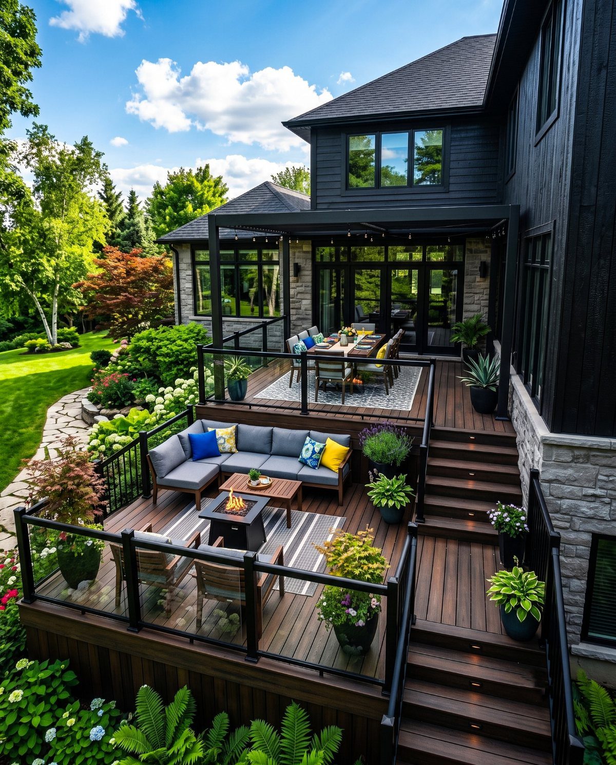 15 Decks and Porches Back Patio Ideas for Outdoor Living 2 A multi-level dark wood deck with outdoor dining and lounge furniture attached to a black house.
