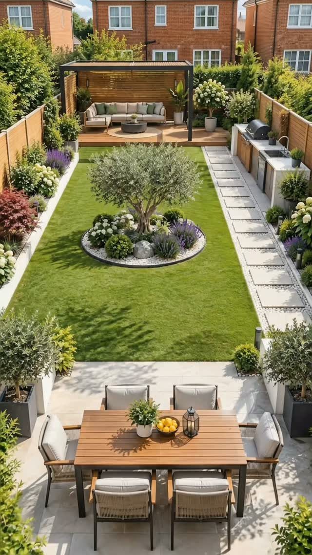 15 Decks and Porches Back Patio Ideas for Outdoor Living 6 Wooden dining table and six chairs set on a light stone patio overlooking a manicured garden.
