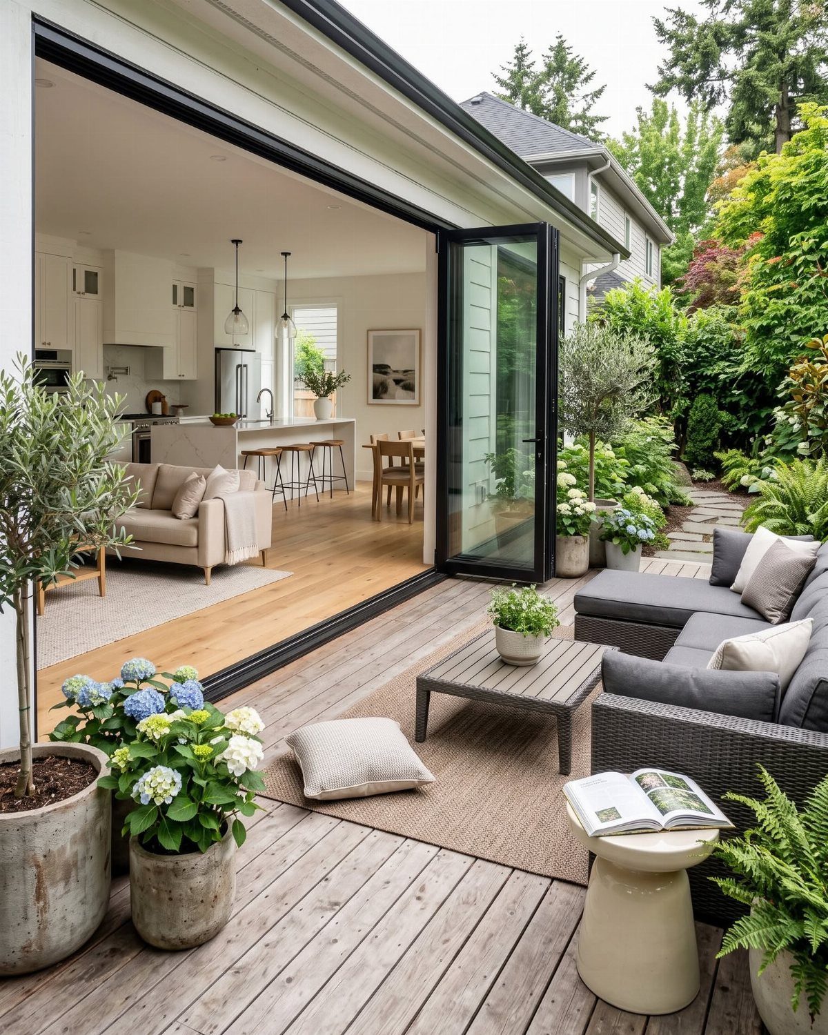 15 Decks and Porches Back Patio Ideas for Outdoor Living 8 Wooden deck with grey wicker lounge furniture, potted plants, and a view into a modern kitchen.
