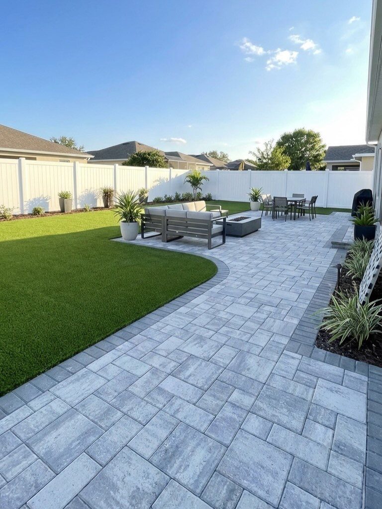 15 Decks and Porches Back Patio Ideas for Outdoor Living 10 Grey stone paver patio with outdoor furniture adjacent to a green lawn and garden bed.