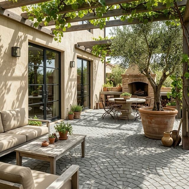 15 Decks and Porches Back Patio Ideas for Outdoor Living 14 A stone patio with a vine-covered pergola, outdoor lounge furniture, and a brick fireplace.