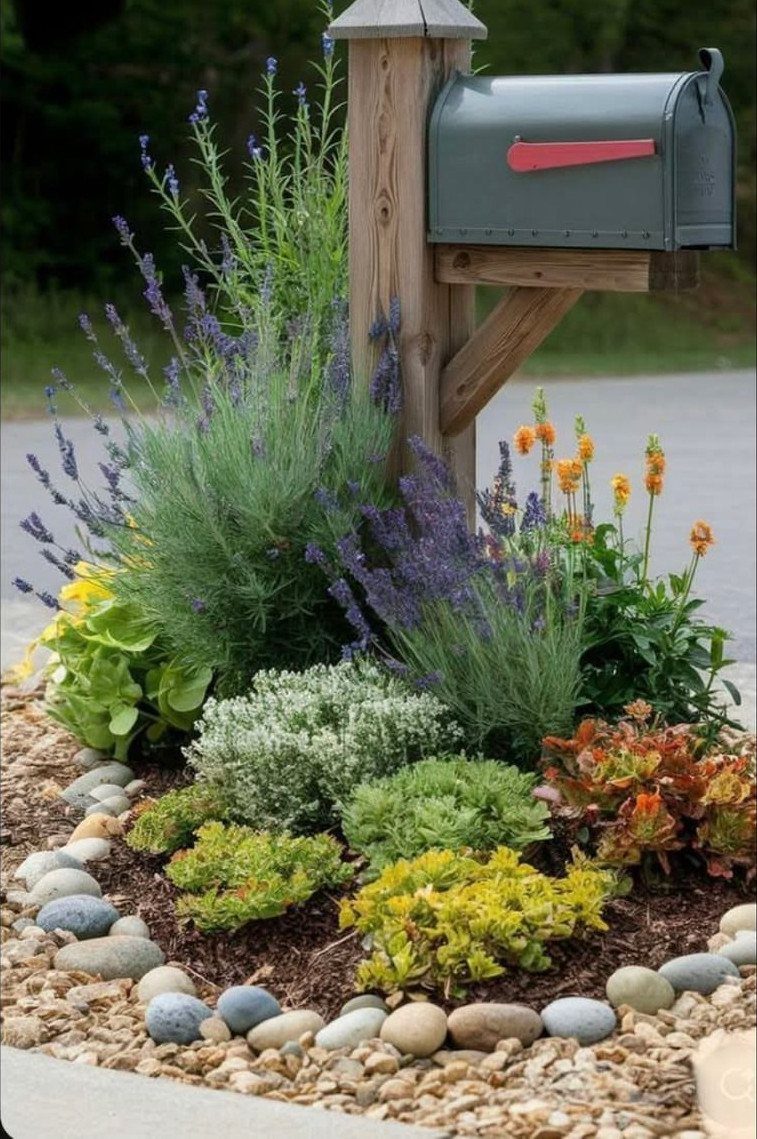 19 DIY Landscaping Ideas on a Budget for Any Yard 16 A wooden mailbox post surrounded by lavender, succulents, and colorful flowers in a stone-bordered garden bed.