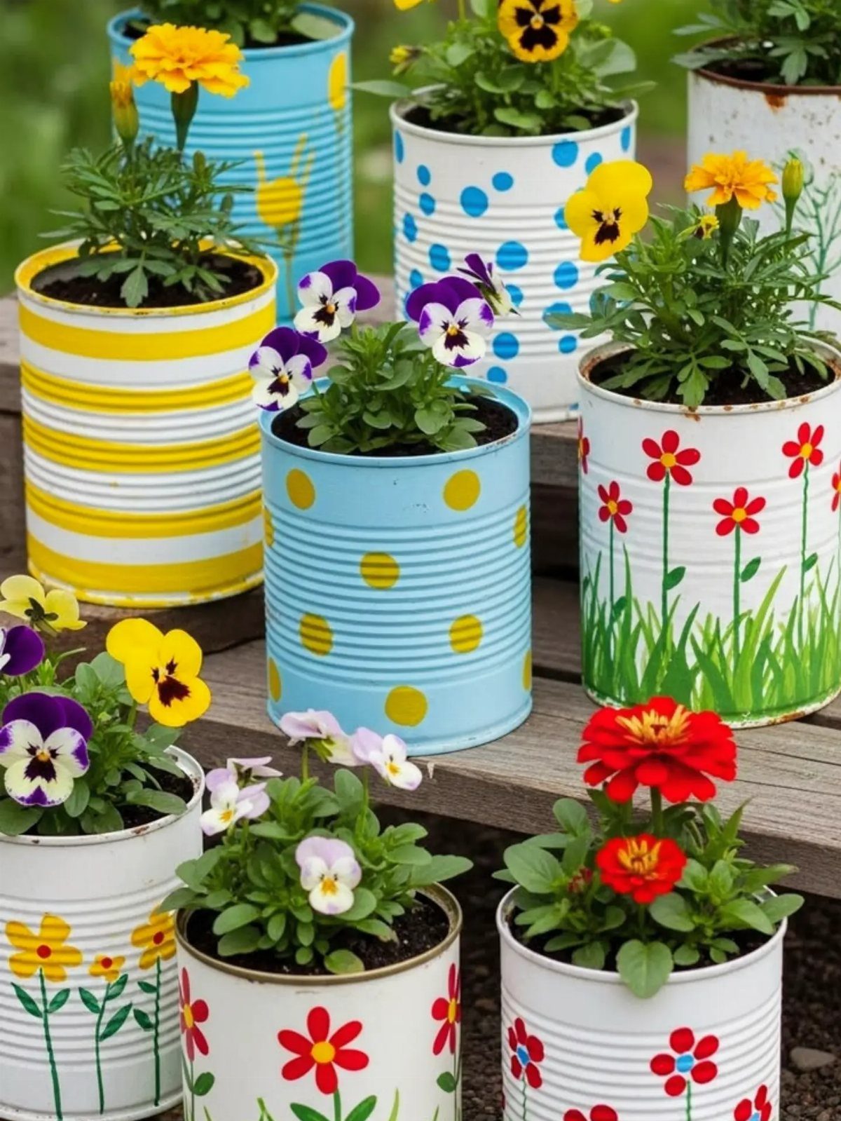 19 DIY Landscaping Ideas on a Budget for Any Yard 18 Painted metal tin cans containing colorful flowering plants arranged on a wooden surface.