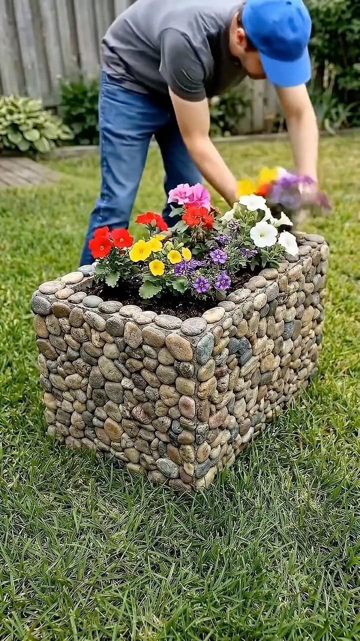 19 DIY Landscaping Ideas on a Budget for Any Yard 8 A rectangular stone planter filled with colorful pansies sitting on a green grass lawn.