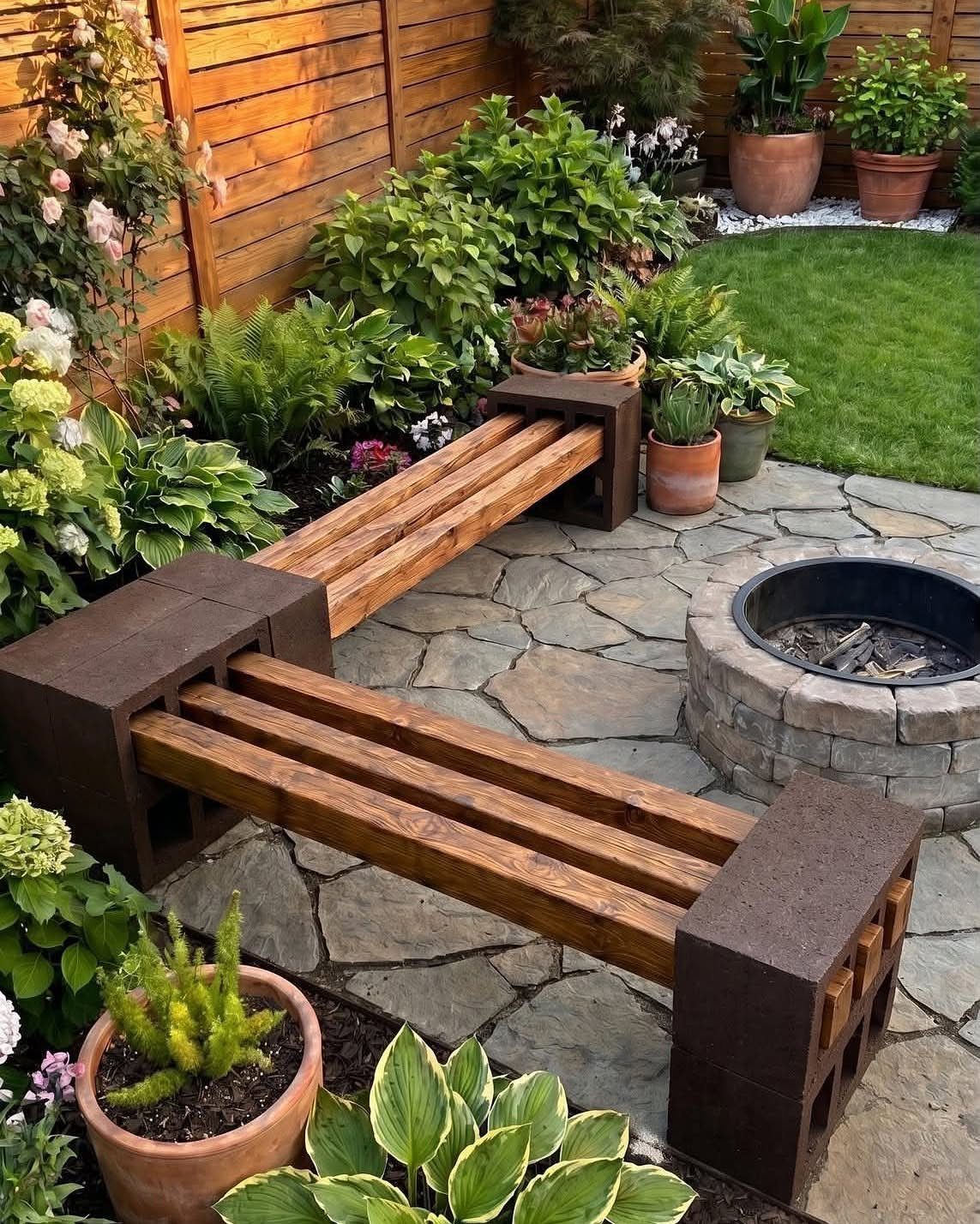 19 DIY Landscaping Ideas on a Budget for Any Yard 13 A DIY outdoor bench made of wooden slats and concrete cinder blocks on a stone patio.