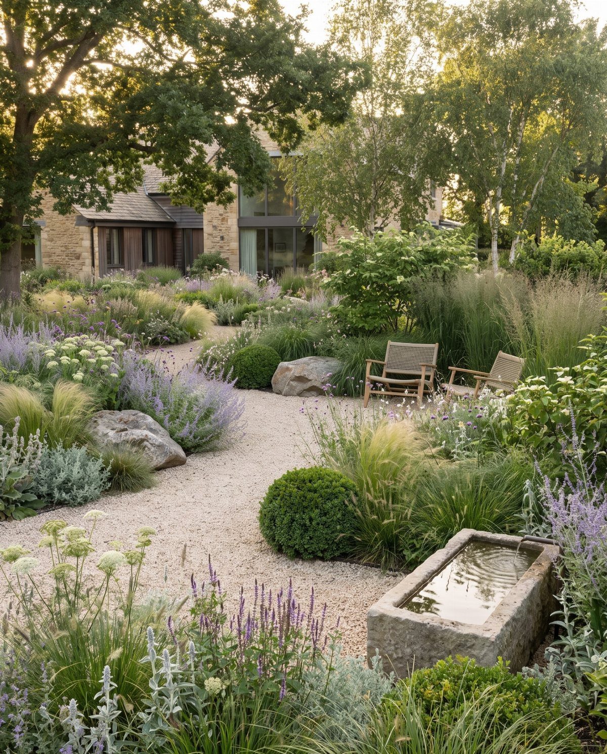 19 DIY Landscaping Ideas on a Budget for Any Yard 7 A winding gravel pathway through a lush garden with lavender, grasses, and stone features.