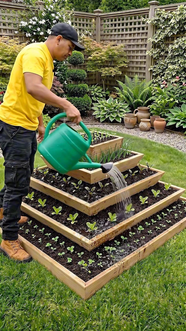 19 DIY Landscaping Ideas on a Budget for Any Yard 5 A man watering small plants in a tiered wooden raised garden bed on a lawn.